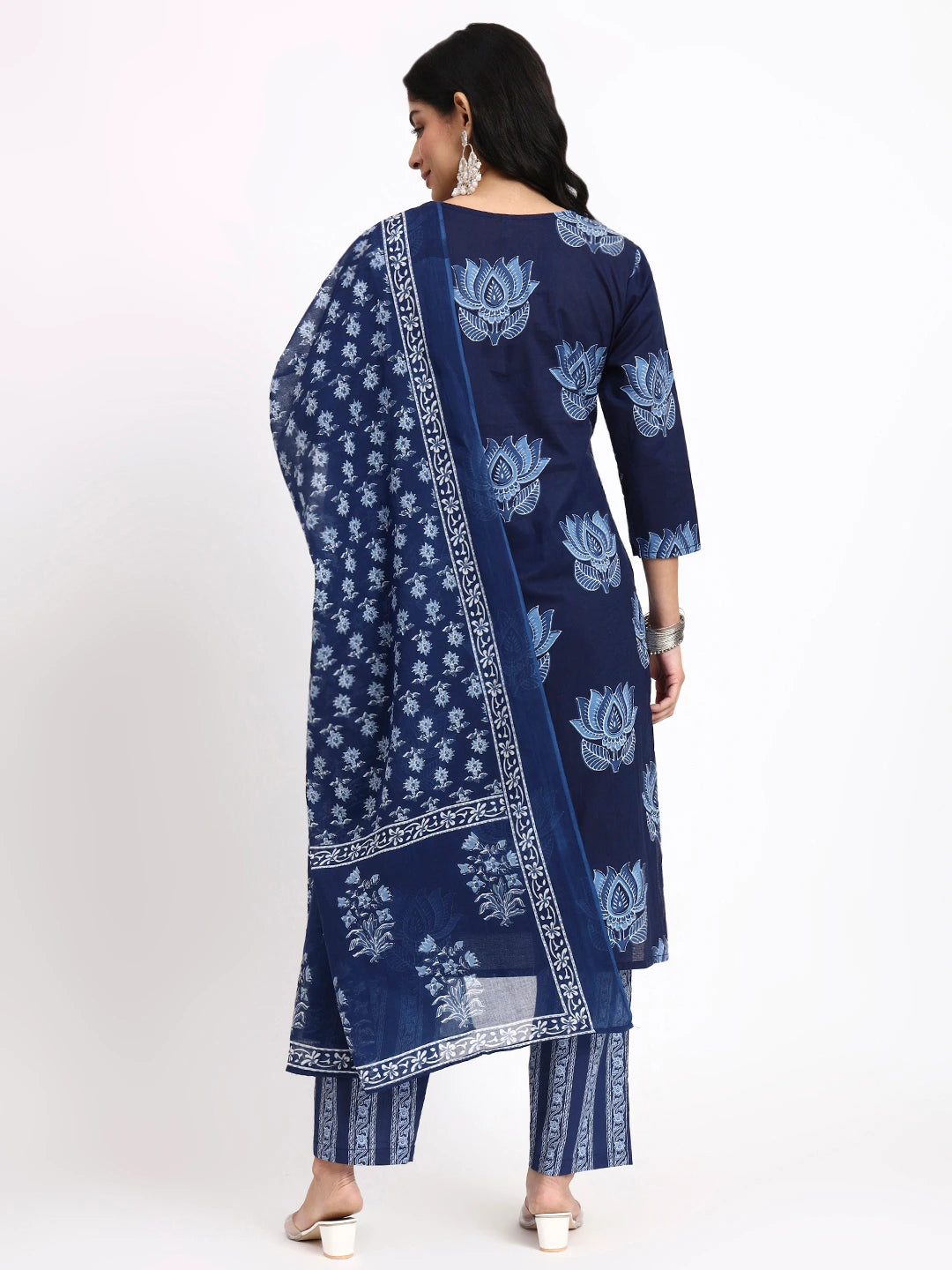 Navy Blue Cotton Straight Kurta Pant Dupatta Set