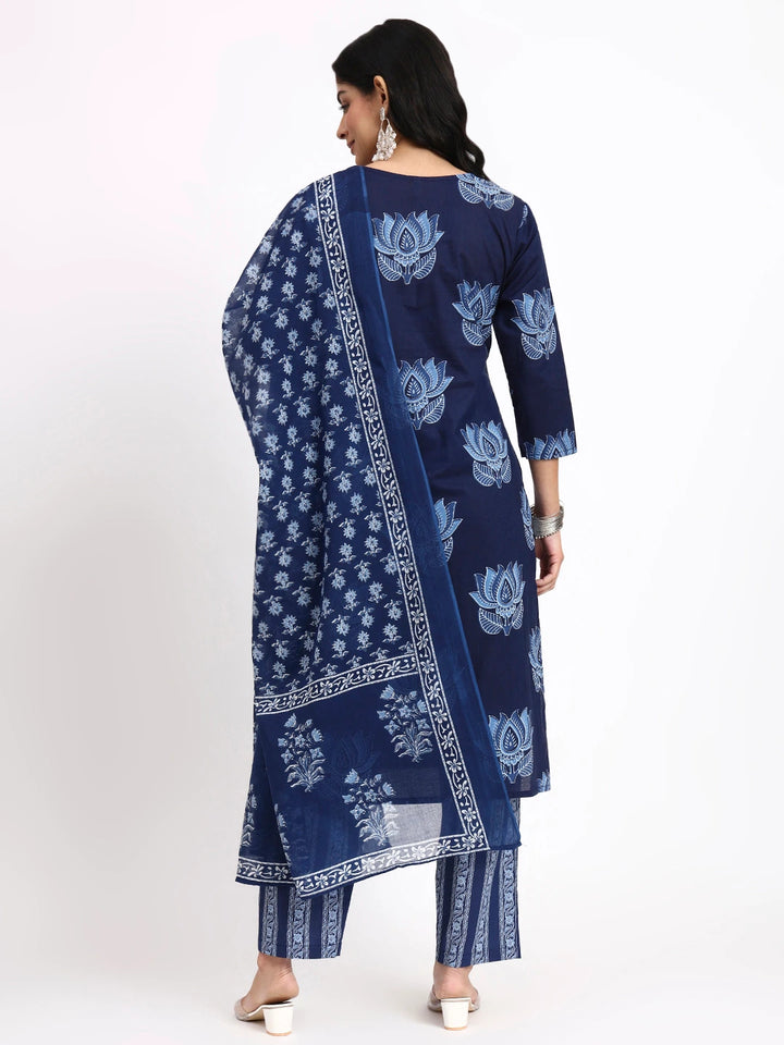 Navy Blue Cotton Straight Kurta Pant Dupatta Set