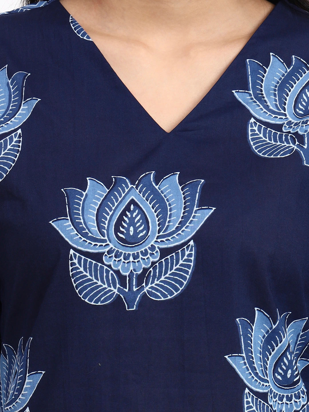 Navy Blue Cotton Straight Kurta Pant Dupatta Set