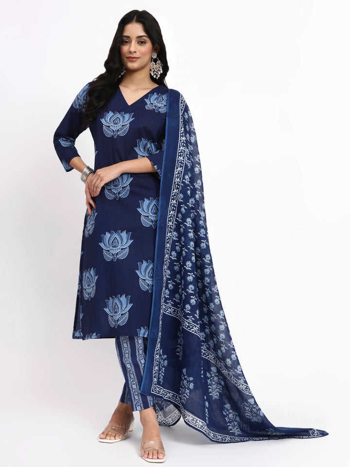 Navy Blue Cotton Straight Kurta Pant Dupatta Set