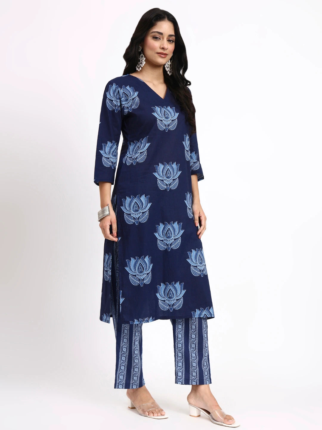Navy Blue Cotton Straight Kurta Pant Dupatta Set