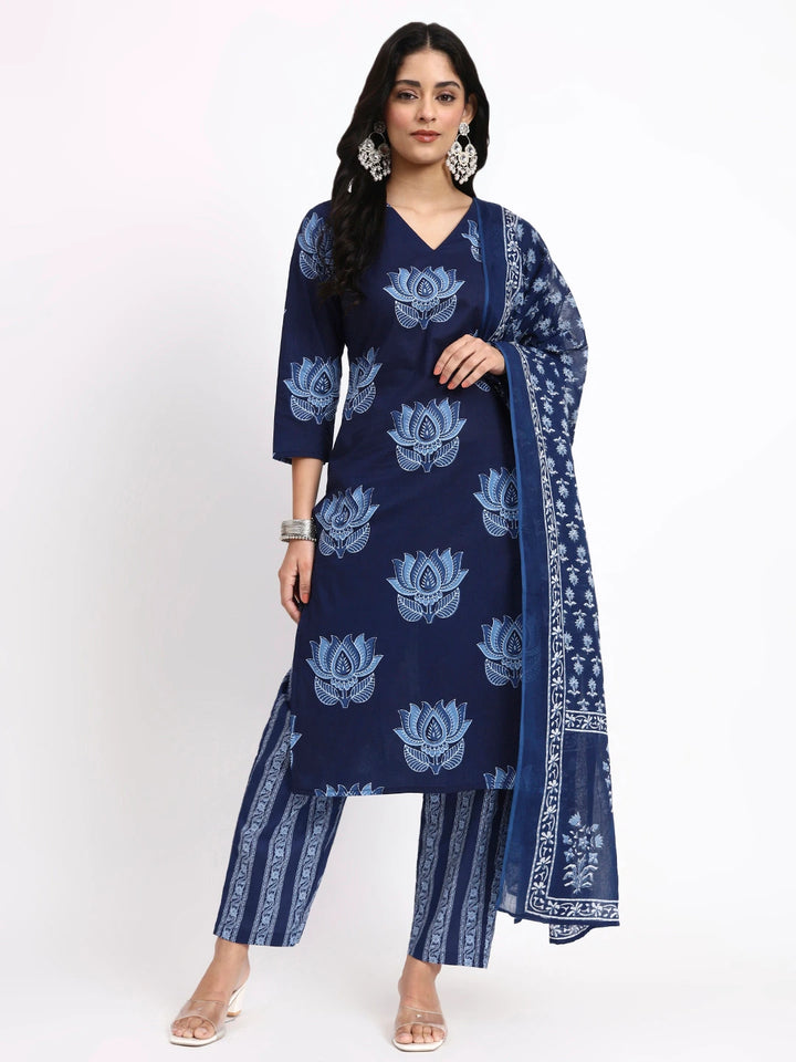 Navy Blue Cotton Straight Kurta Pant Dupatta Set