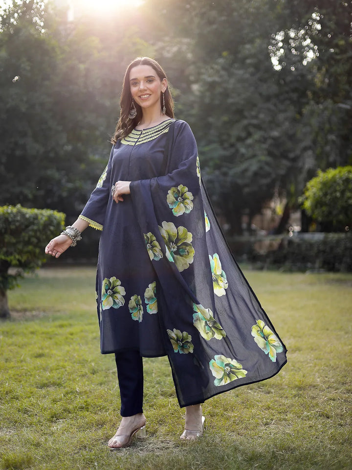 Navy Blue Cotton Straight Pakistani Kurta Trouser Dupatta Set-Yufta Store-6574SKDNBM