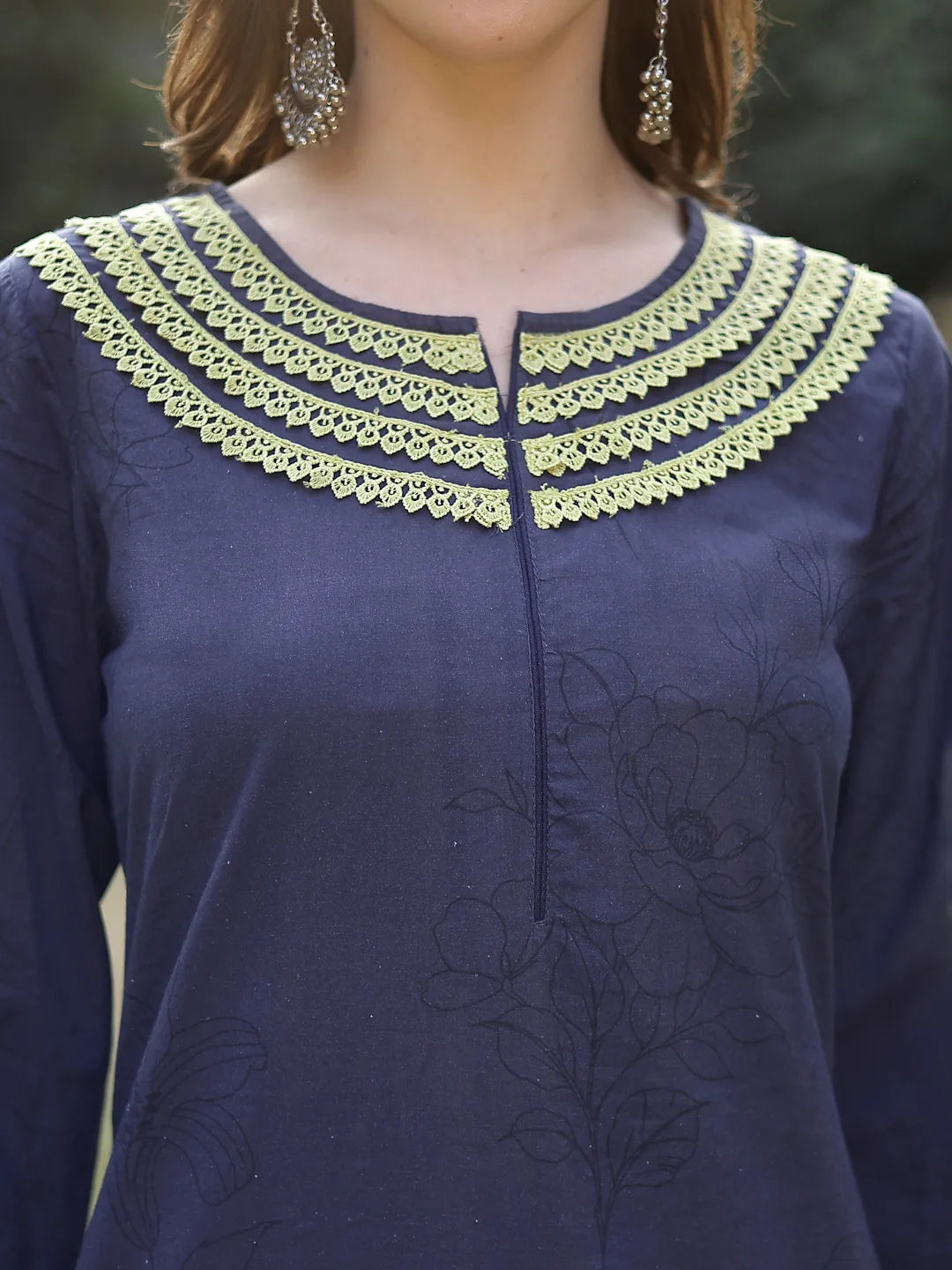 Navy Blue Cotton Straight Pakistani Kurta Trouser Dupatta Set-Yufta Store-6574SKDNBM