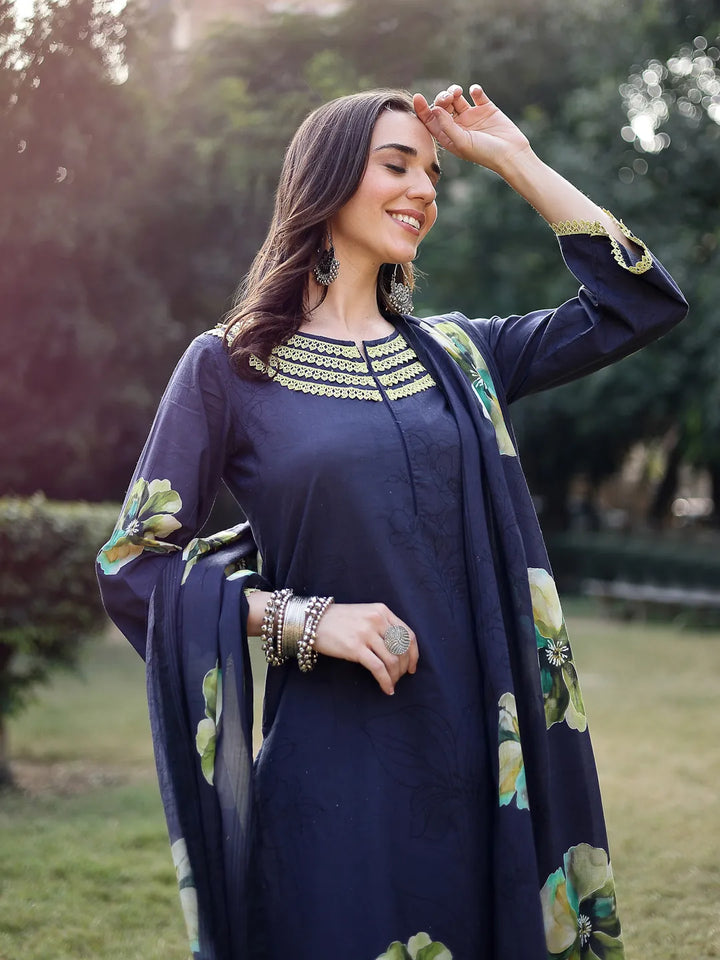 Navy Blue Cotton Straight Pakistani Kurta Trouser Dupatta Set-Yufta Store-6574SKDNBM