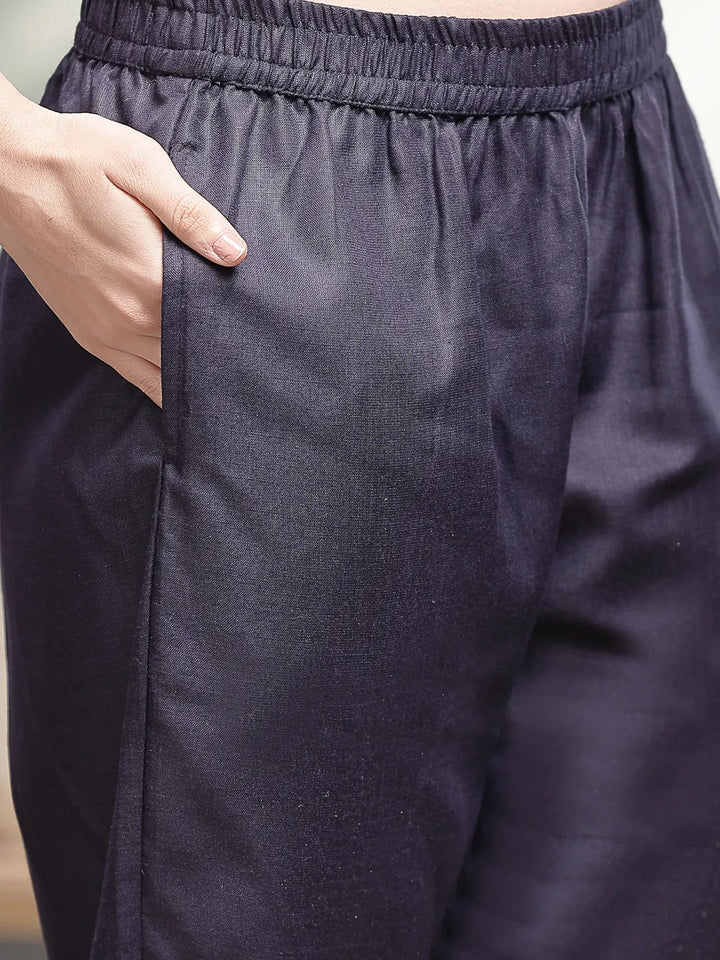 Navy Blue Cotton Straight Pakistani Kurta Trouser Dupatta Set-Yufta Store-6574SKDNBM