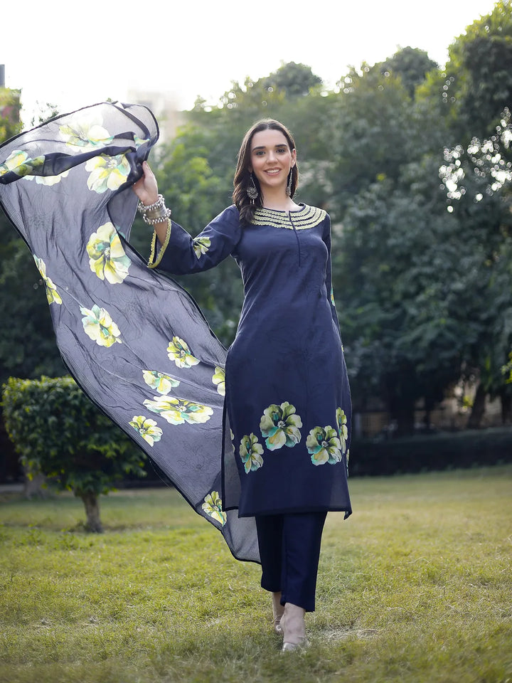 Navy Blue Cotton Straight Pakistani Kurta Trouser Dupatta Set-Yufta Store-6574SKDNBM