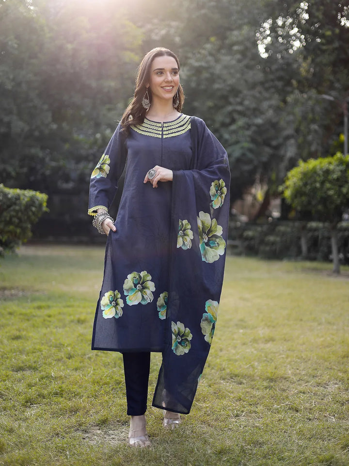 Navy Blue Cotton Straight Pakistani Kurta Trouser Dupatta Set-Yufta Store-6574SKDNBM