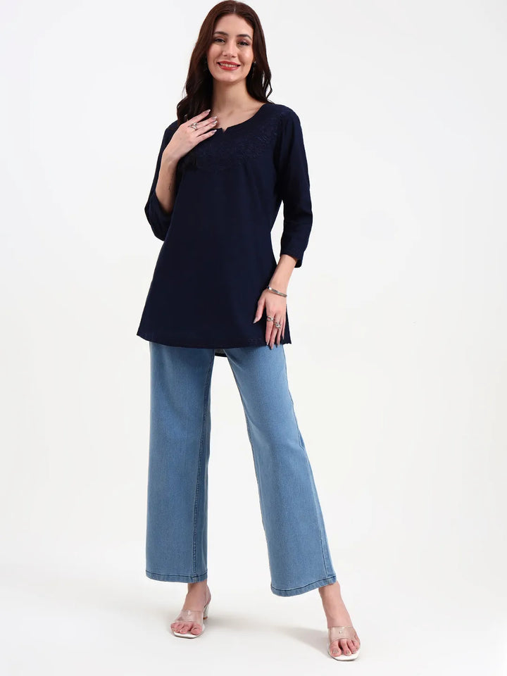 Navy Blue Cotton Straight Peplum Top-Yufta Store-6662TOPNBS
