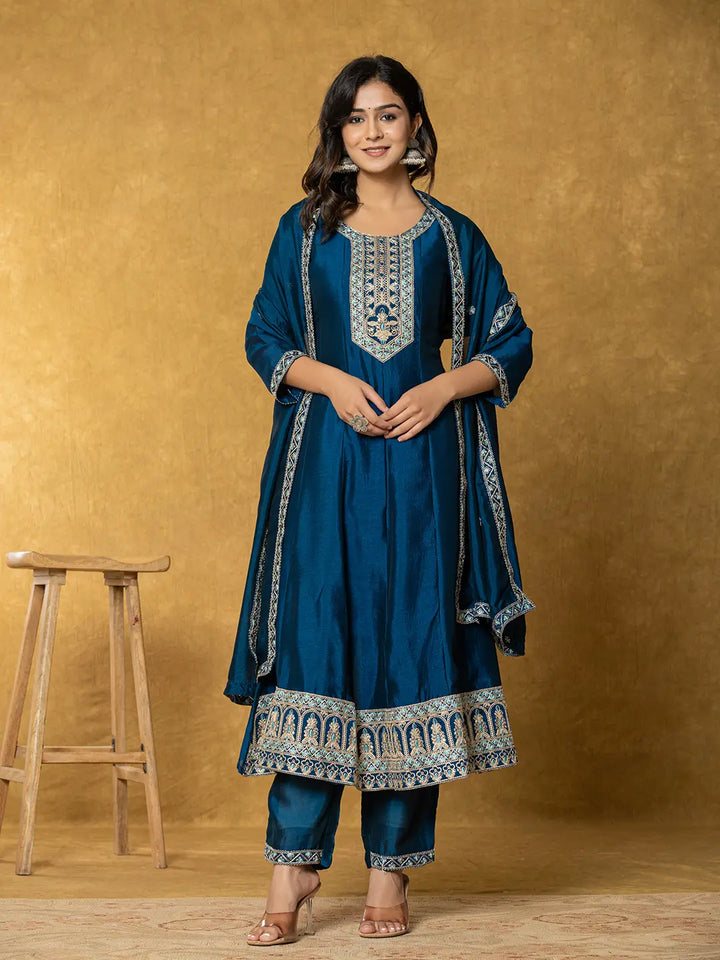 Navy Blue Embroidered Anarkali Kurta Dupatta Set With Cotton Lining-Yufta Store-1818SKDNBS