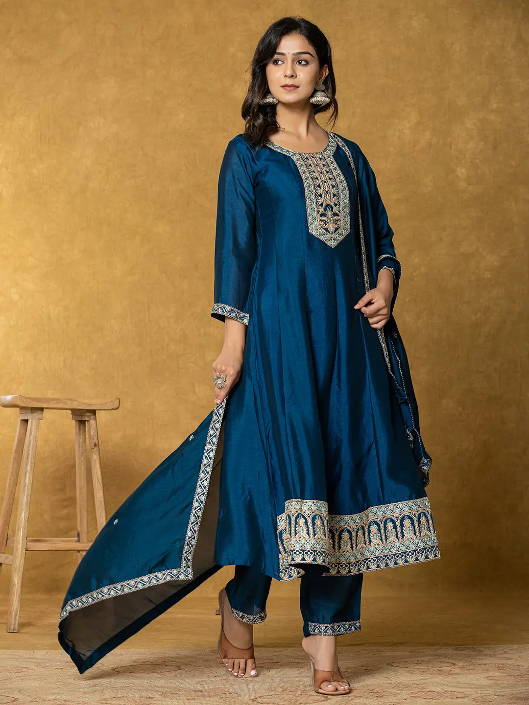 Navy Blue Embroidered Anarkali Kurta Dupatta Set With Cotton Lining-Yufta Store-1818SKDNBS