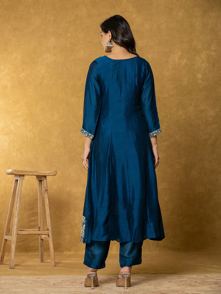 Navy Blue Embroidered Anarkali Kurta Dupatta Set With Cotton Lining-Yufta Store-1818SKDNBS