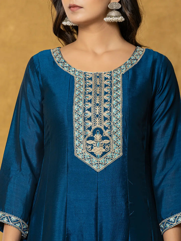 Navy Blue Embroidered Anarkali Kurta Dupatta Set With Cotton Lining-Yufta Store-1818SKDNBS