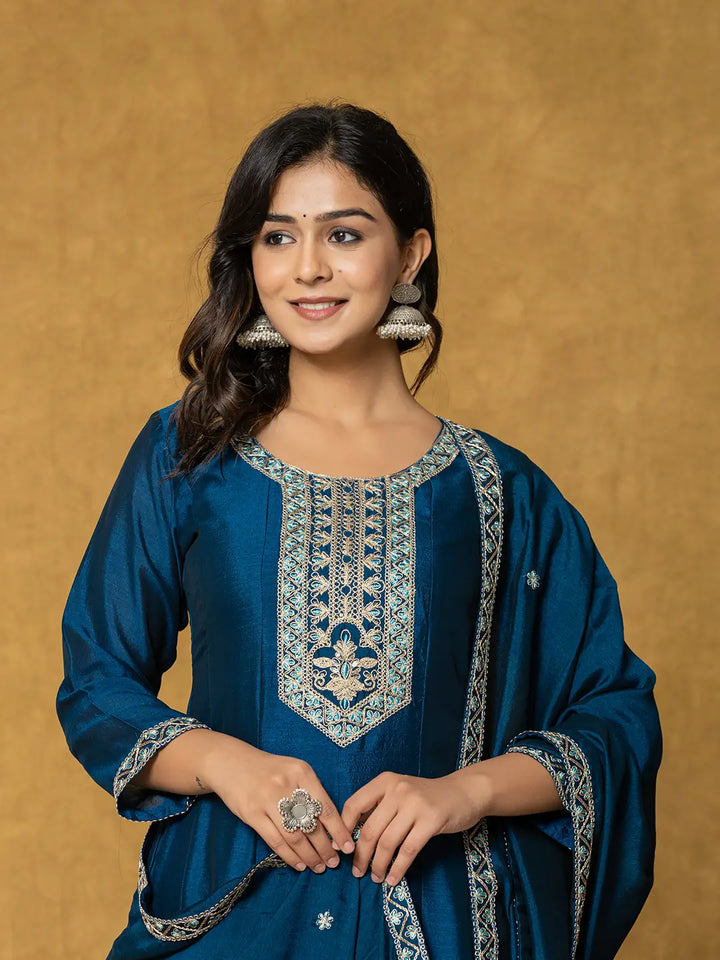 Navy Blue Embroidered Anarkali Kurta Dupatta Set With Cotton Lining-Yufta Store-1818SKDNBS