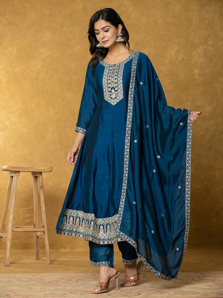 Navy Blue Embroidered Anarkali Kurta Dupatta Set With Cotton Lining-Yufta Store-1818SKDNBS