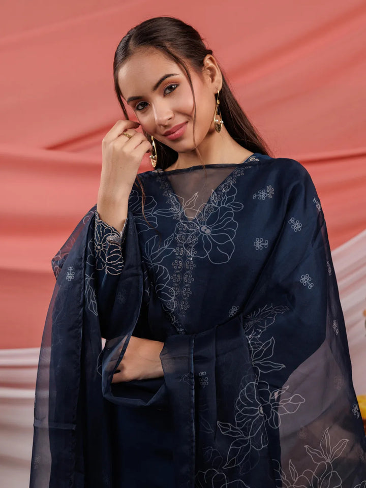 Navy Blue Embroidered Silk Blend Straight Kurta Dupatta Pant Set-Yufta Store-7123SKDNBS