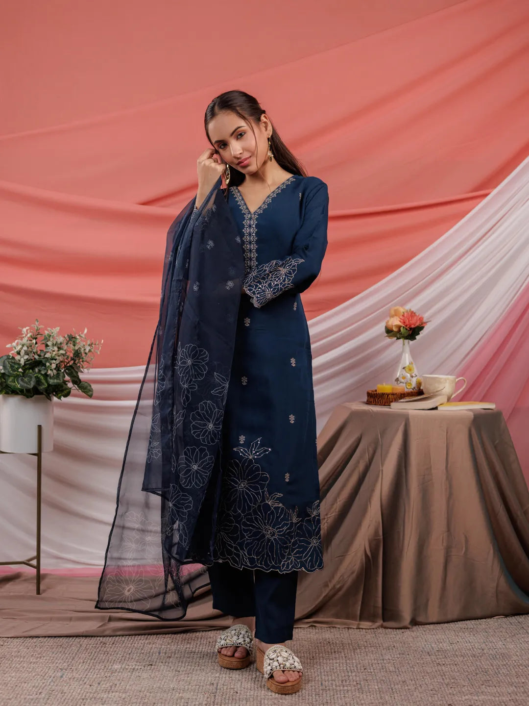 Navy Blue Embroidered Silk Blend Straight Kurta Dupatta Pant Set-Yufta Store-7123SKDNBS