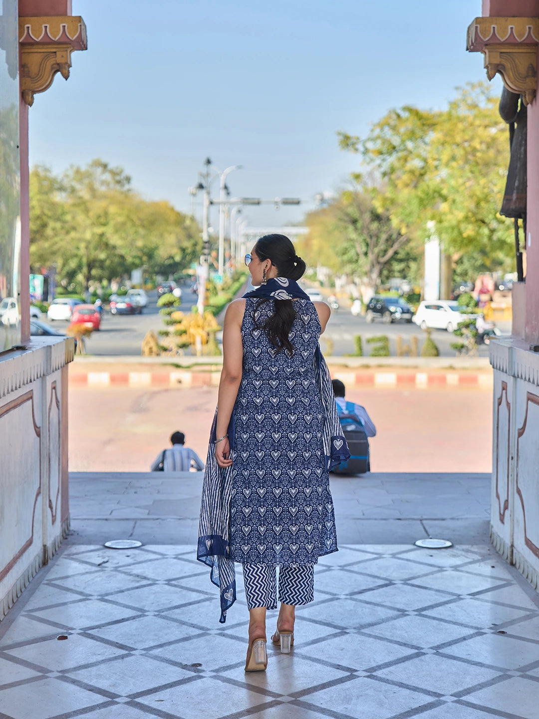 Navy Blue Ethnic Motifs A-Line One Pocket Kurta Trouser Dupatta Set-Yufta Store-7531SKDNBS