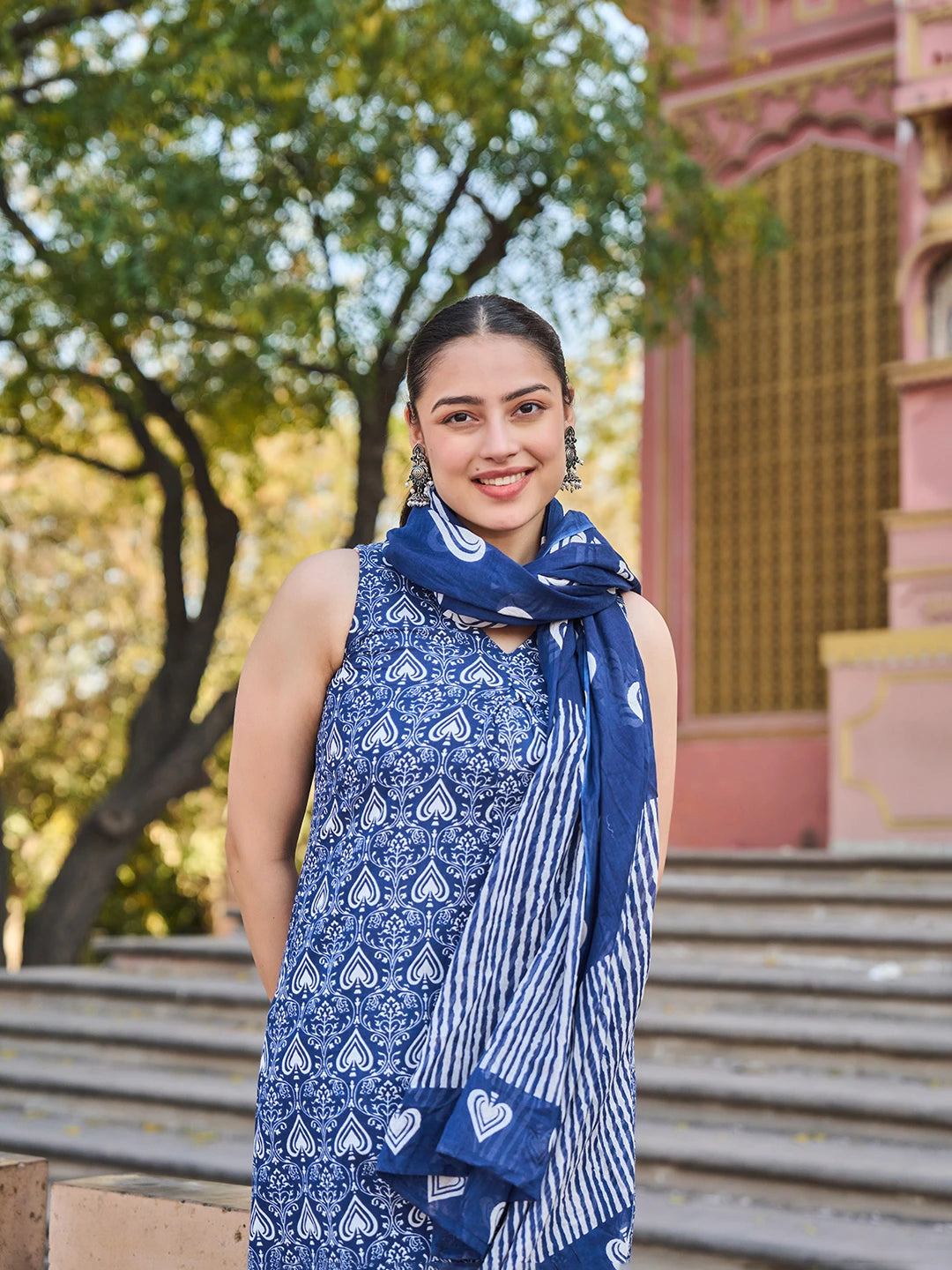 Navy Blue Ethnic Motifs A-Line One Pocket Kurta Trouser Dupatta Set-Yufta Store-7531SKDNBS