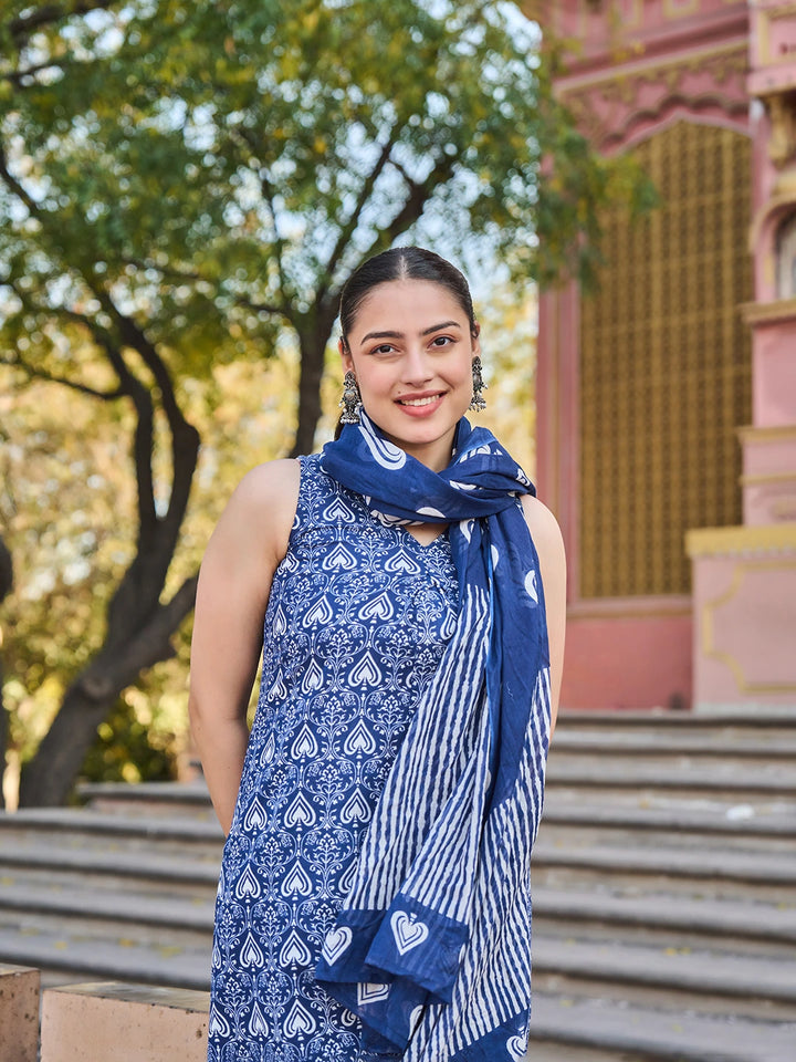 Navy Blue Ethnic Motifs A-Line One Pocket Kurta Trouser Dupatta Set-Yufta Store-7531SKDNBS