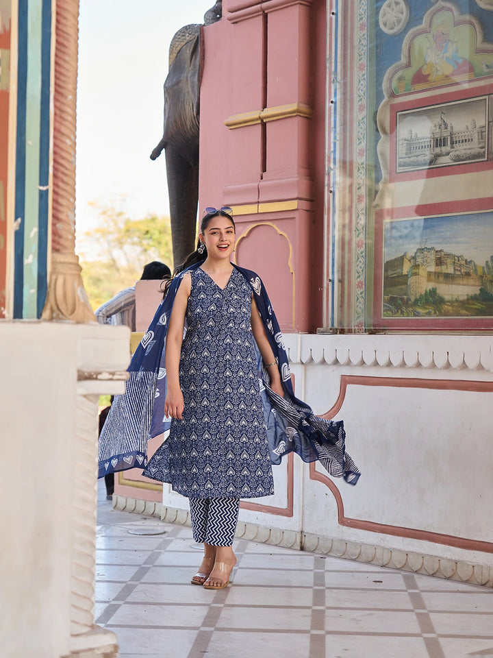 Navy Blue Ethnic Motifs A-Line One Pocket Kurta Trouser Dupatta Set-Yufta Store-7531SKDNBS