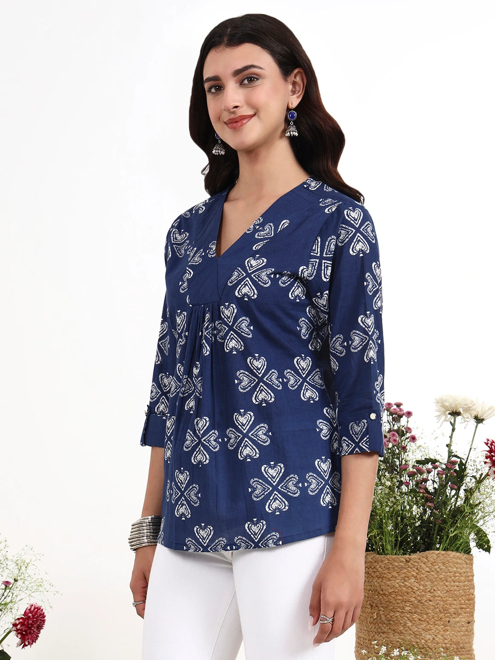 Navy Blue Ethnic Motifs Cotton Flare Top-Yufta Store-7513TOPNBS
