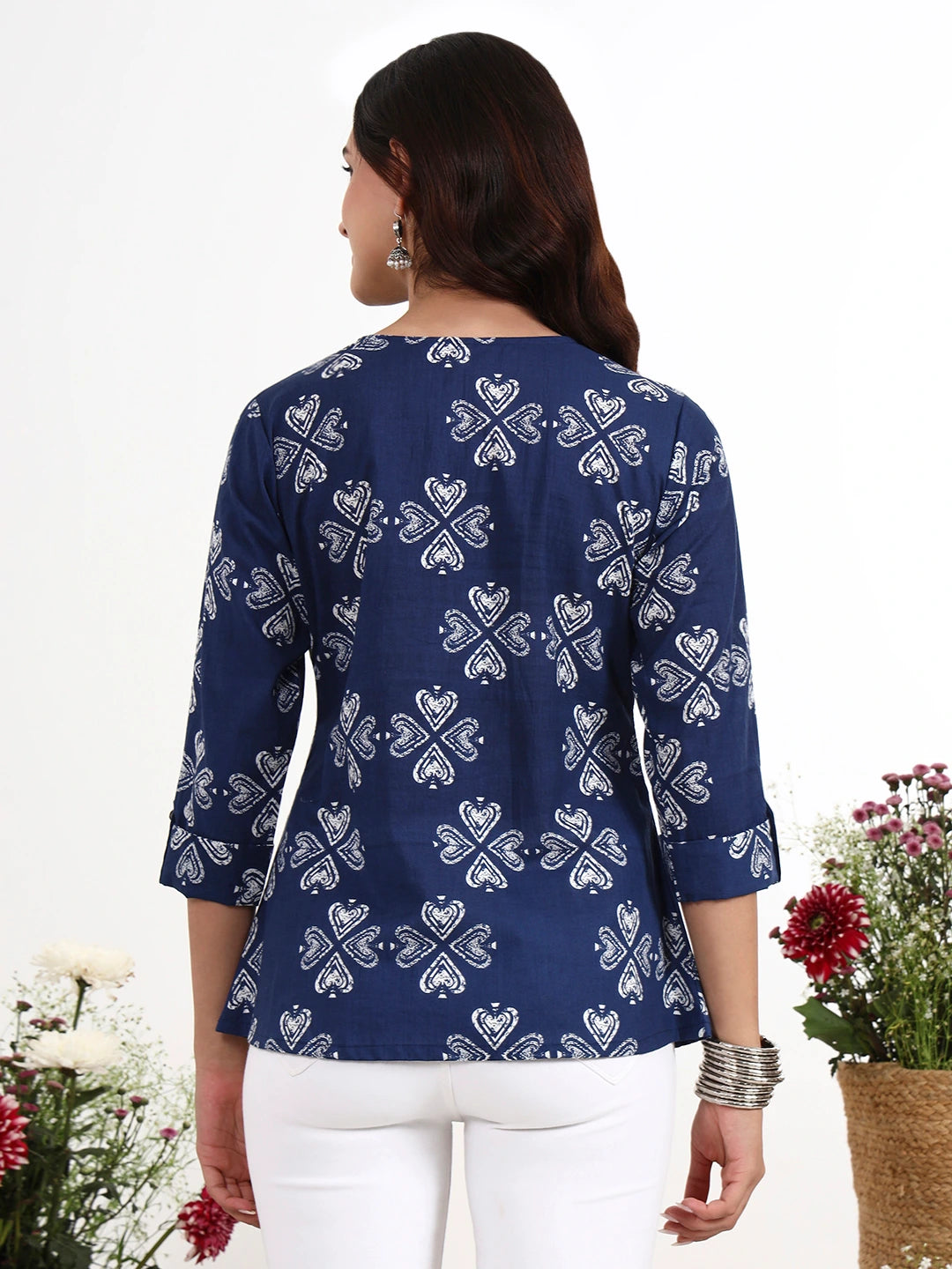 Navy Blue Ethnic Motifs Cotton Flare Top-Yufta Store-7513TOPNBS