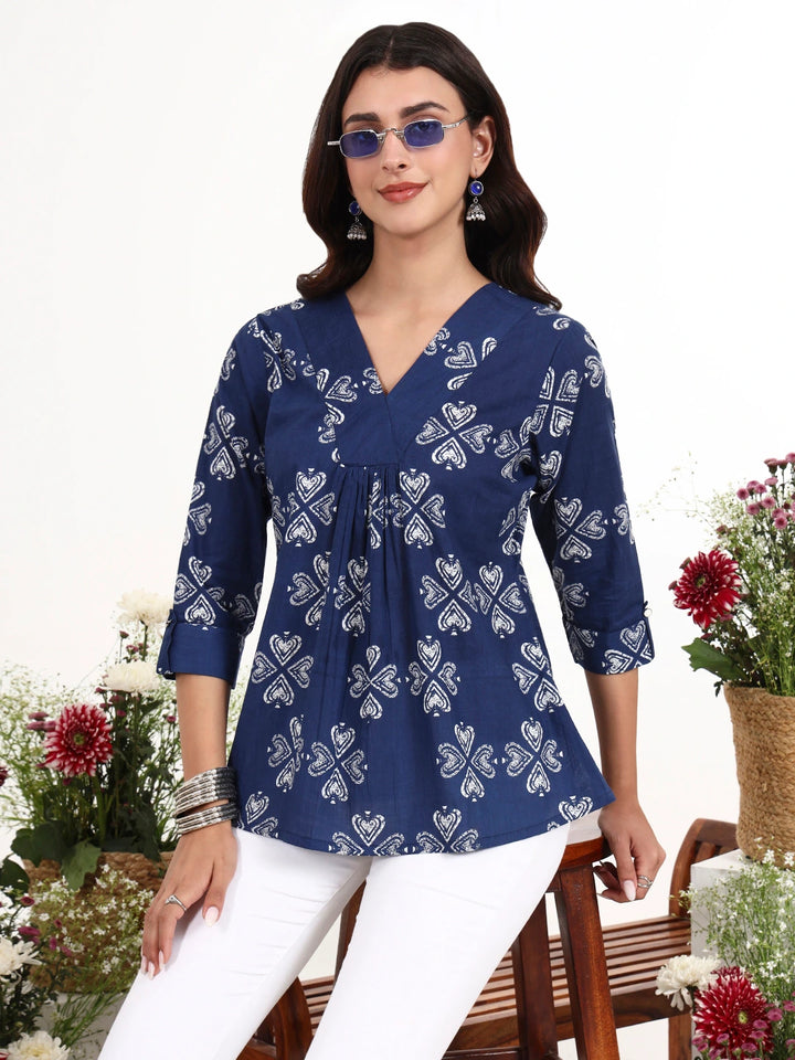 Navy Blue Ethnic Motifs Cotton Flare Top-Yufta Store-7513TOPNBS