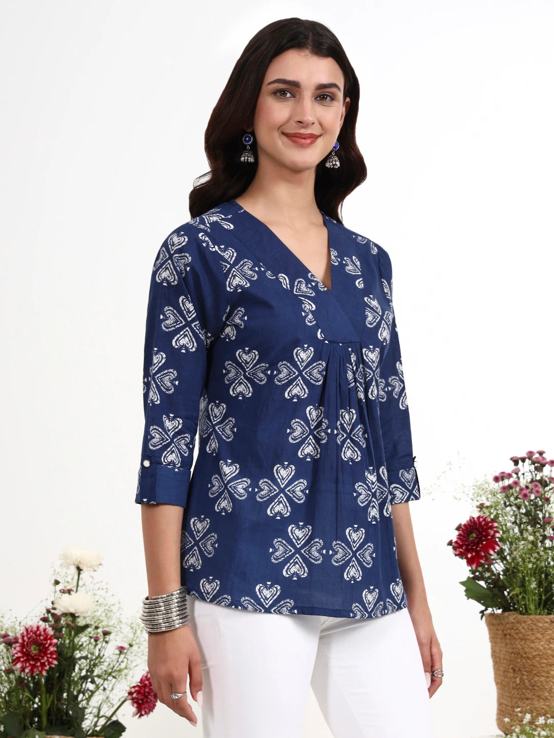 Navy Blue Ethnic Motifs Cotton Flare Top-Yufta Store-7513TOPNBS