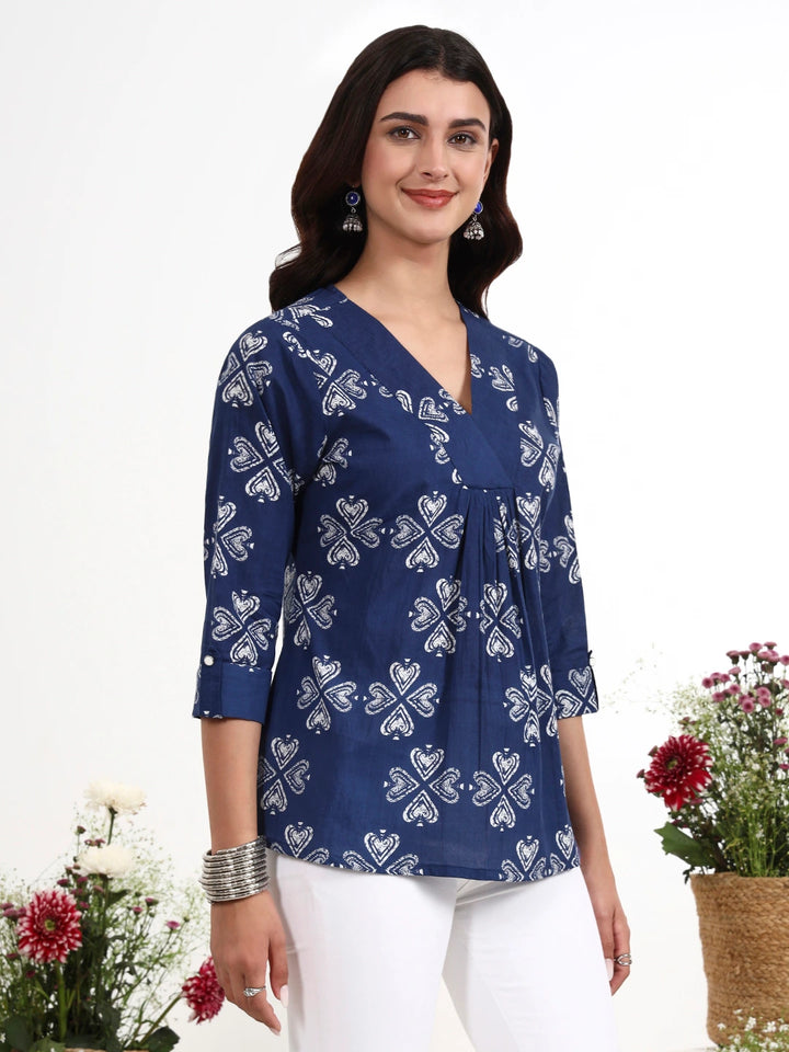 Navy Blue Ethnic Motifs Cotton Flare Top-Yufta Store-7513TOPNBS
