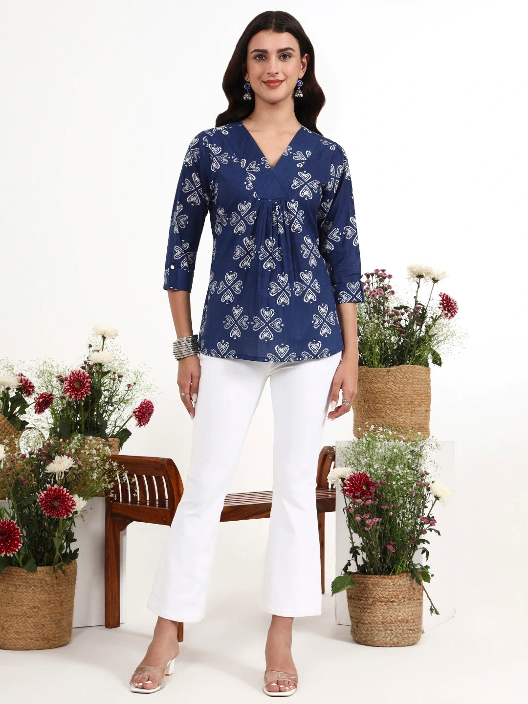 Navy Blue Ethnic Motifs Cotton Flare Top-Yufta Store-7513TOPNBS