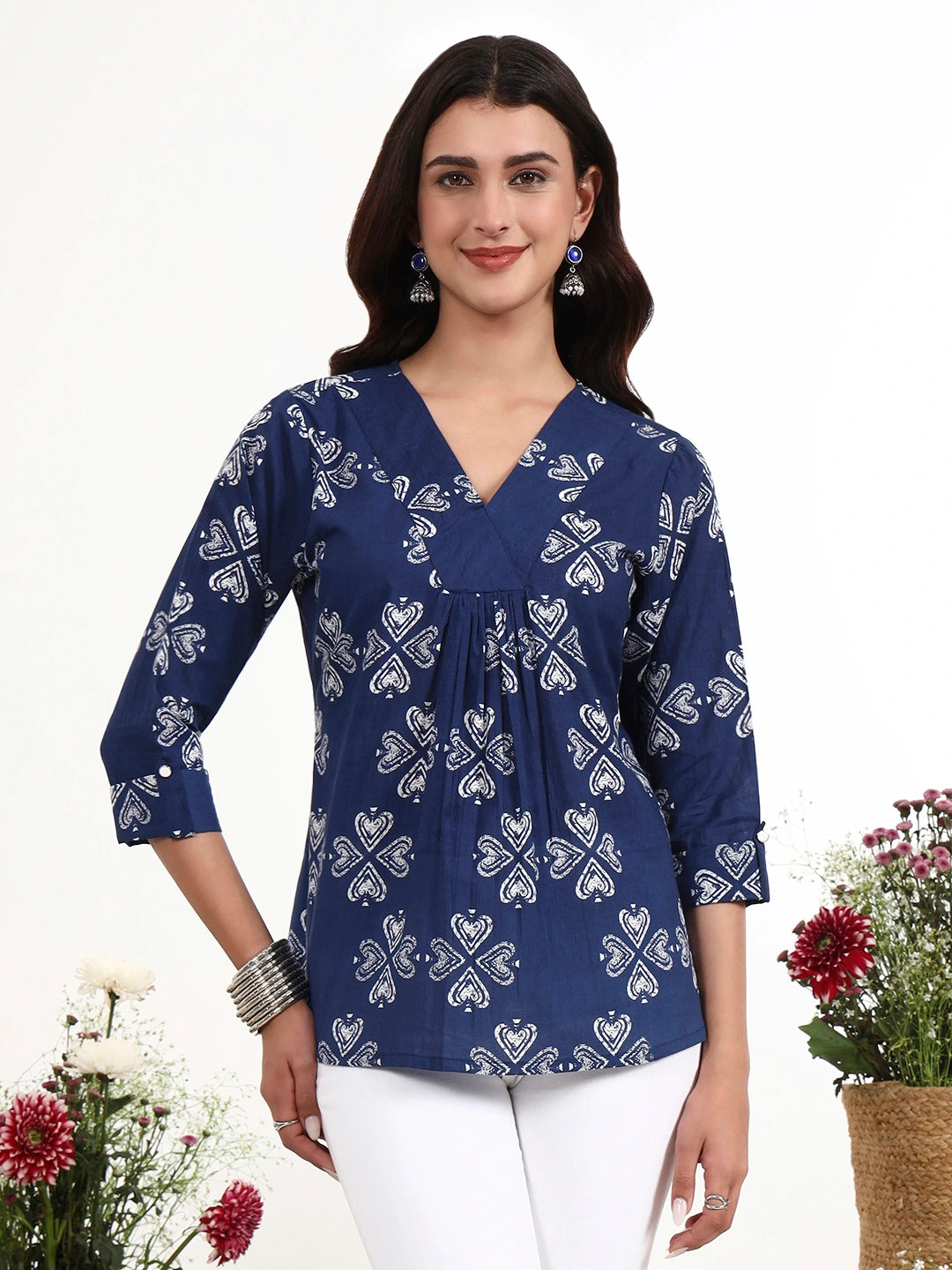 Navy Blue Ethnic Motifs Cotton Flare Top-Yufta Store-7513TOPNBS