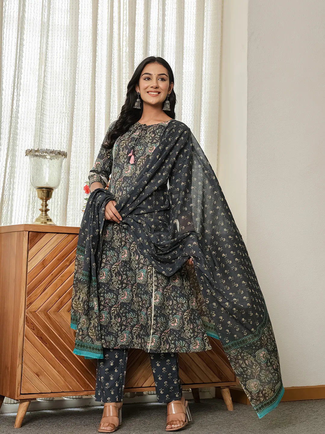 Navy Blue Floral A-Line Kurta Trouser Dupatta Set With Lace Work