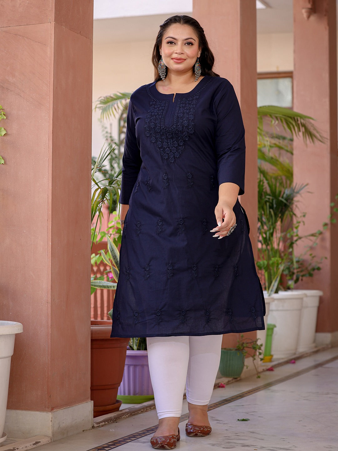 Navy Blue Floral Plus Size Chikankari Kurti Women – Yufta Store