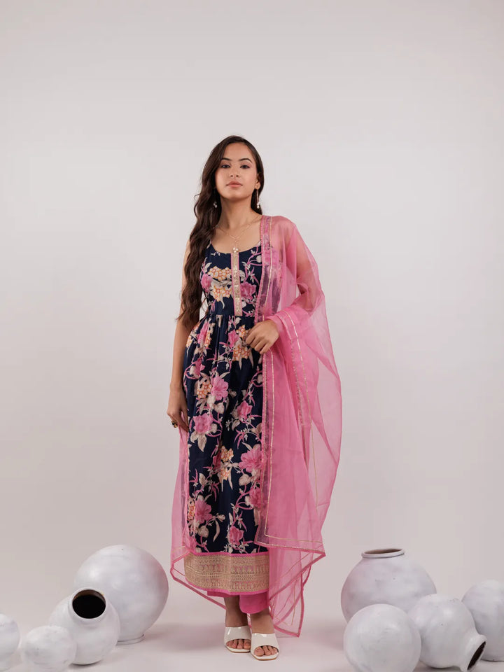 Navy Blue Floral Print Cotton Fit And Flare Kurta Trouser & Dupatta Set-Yufta Store-6966SKDNBS