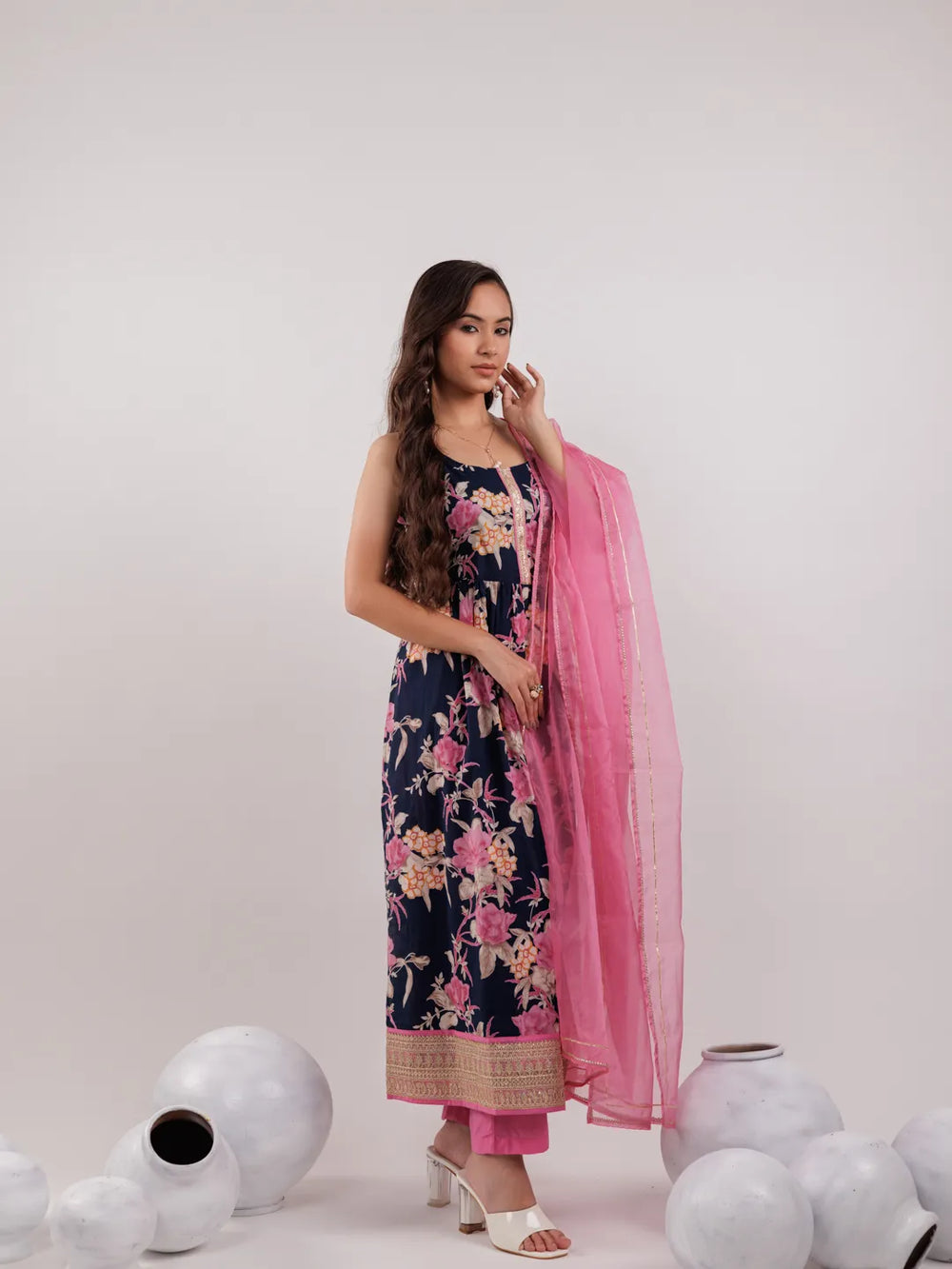 Navy Blue Floral Print Cotton Fit And Flare Kurta Trouser & Dupatta Set-Yufta Store-6966SKDNBS