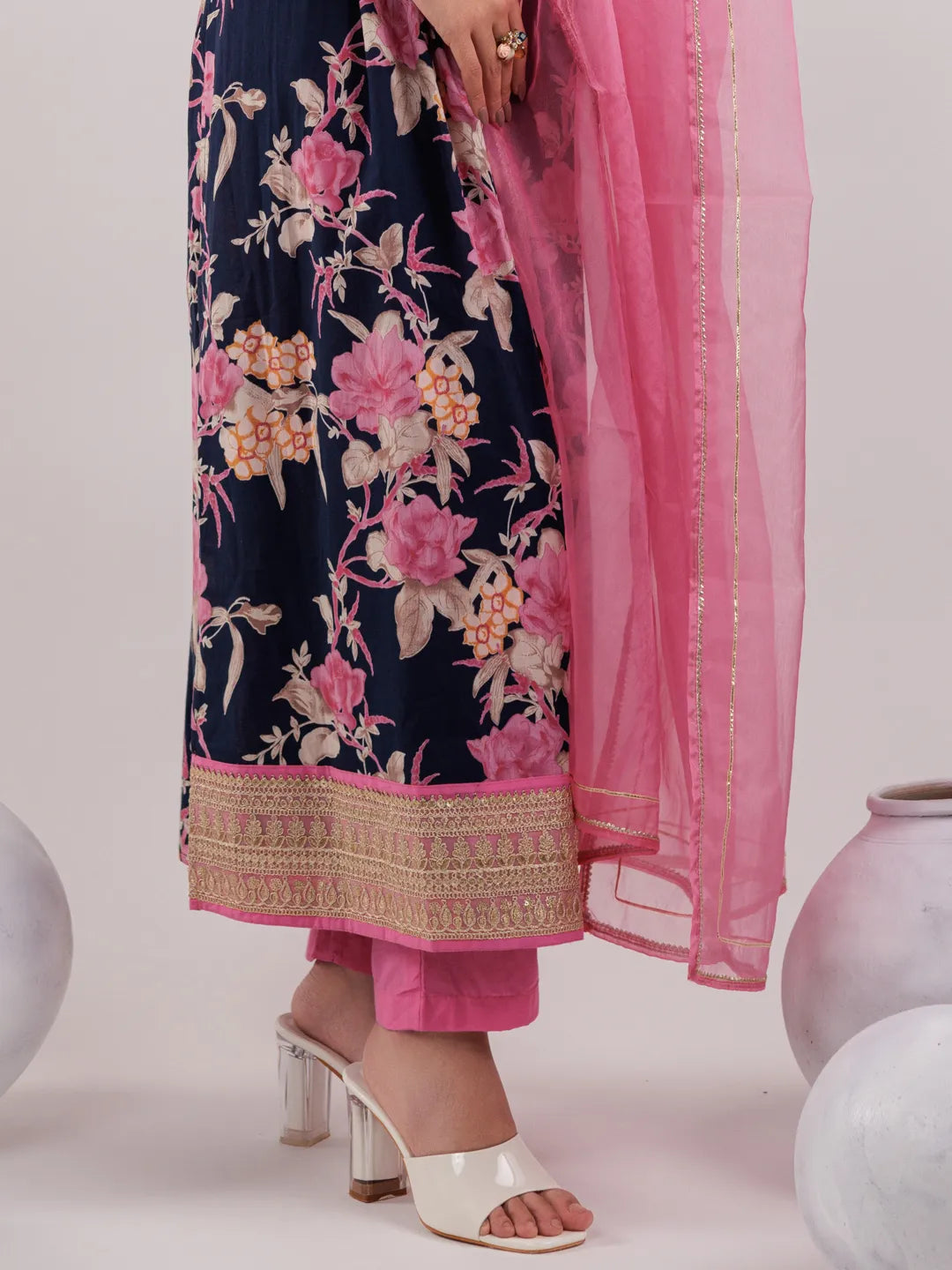 Navy Blue Floral Print Cotton Fit And Flare Kurta Trouser & Dupatta Set-Yufta Store-6966SKDNBS