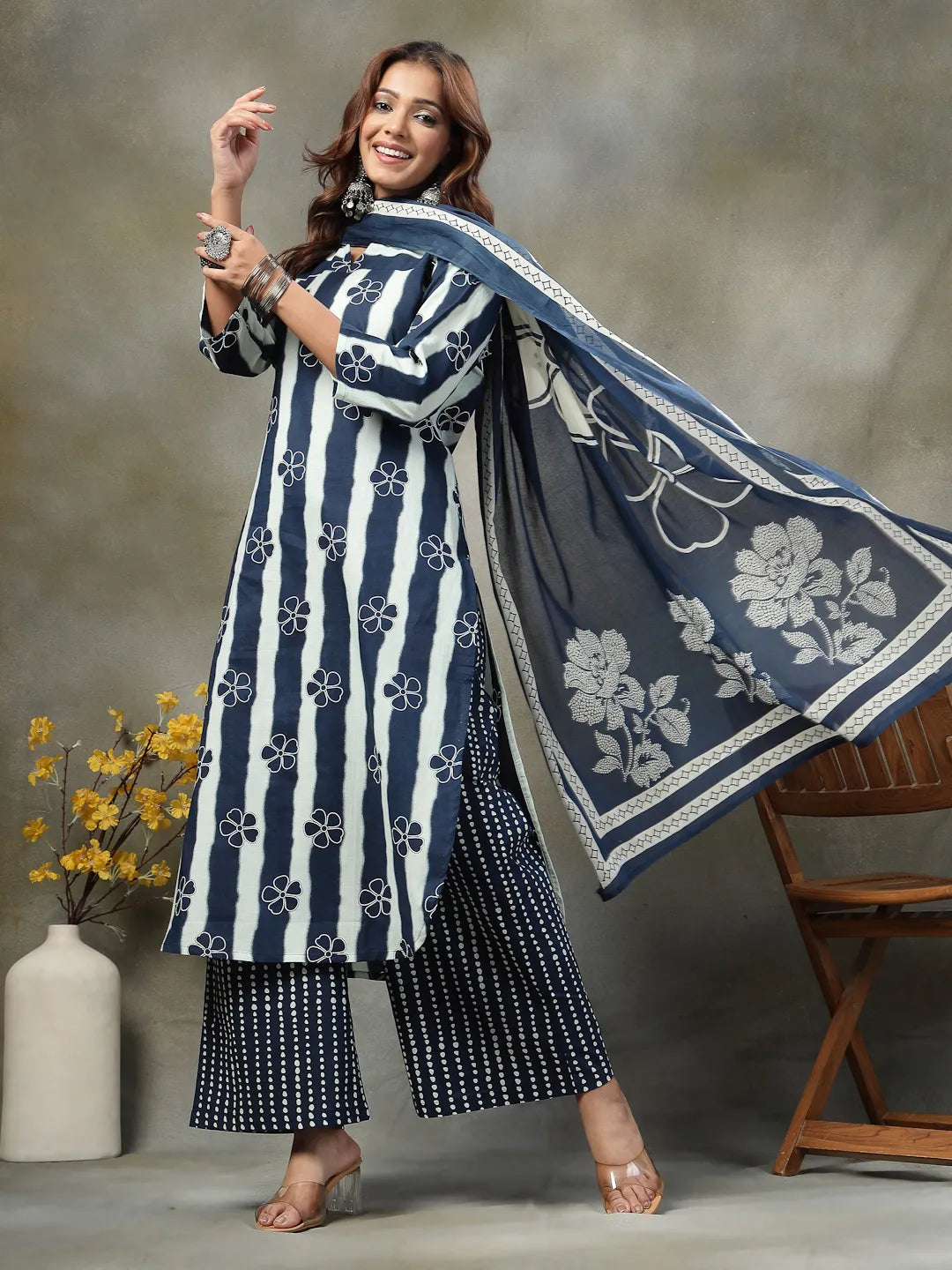 Navy Blue Floral Print Cotton Straight Kurta Palazoo Dupatta Set