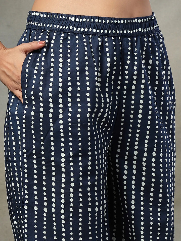 Navy Blue Floral Print Cotton Straight Kurta Palazoo Dupatta Set