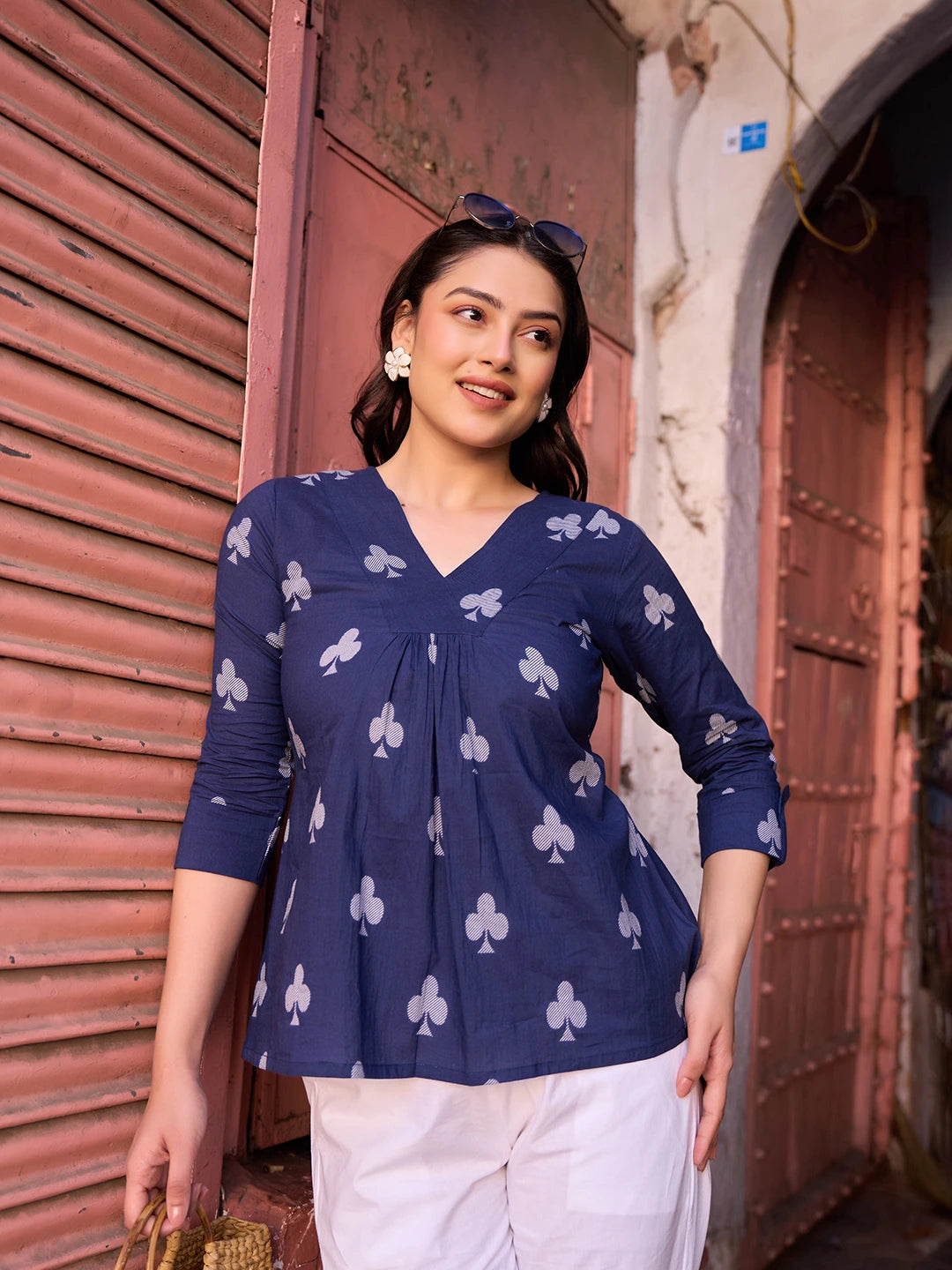 Navy Blue Gathered Or Pleated A-Line Regular Top-Yufta Store-7512TOPNBS