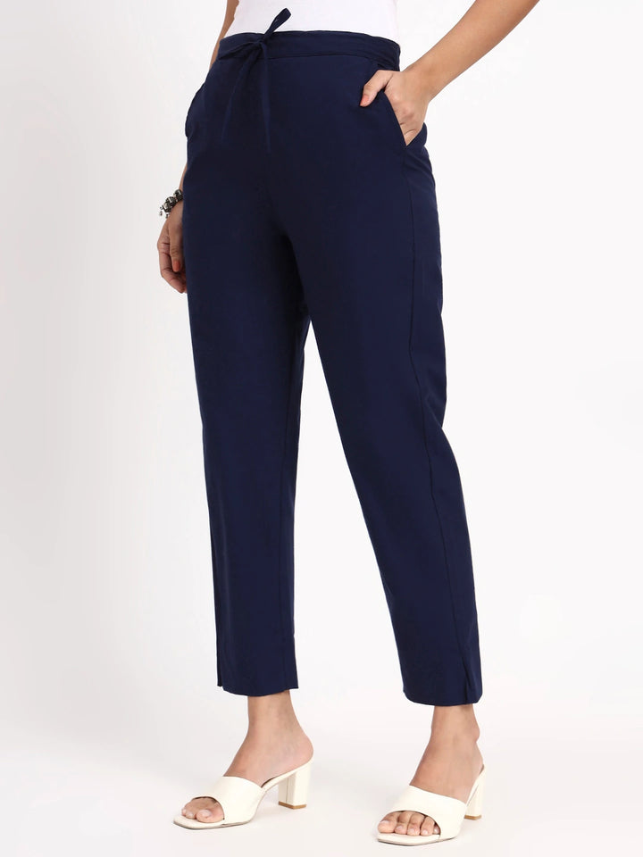 Navy Blue Mid-Rise Ankle-Length Regular Fit Poplin Pants