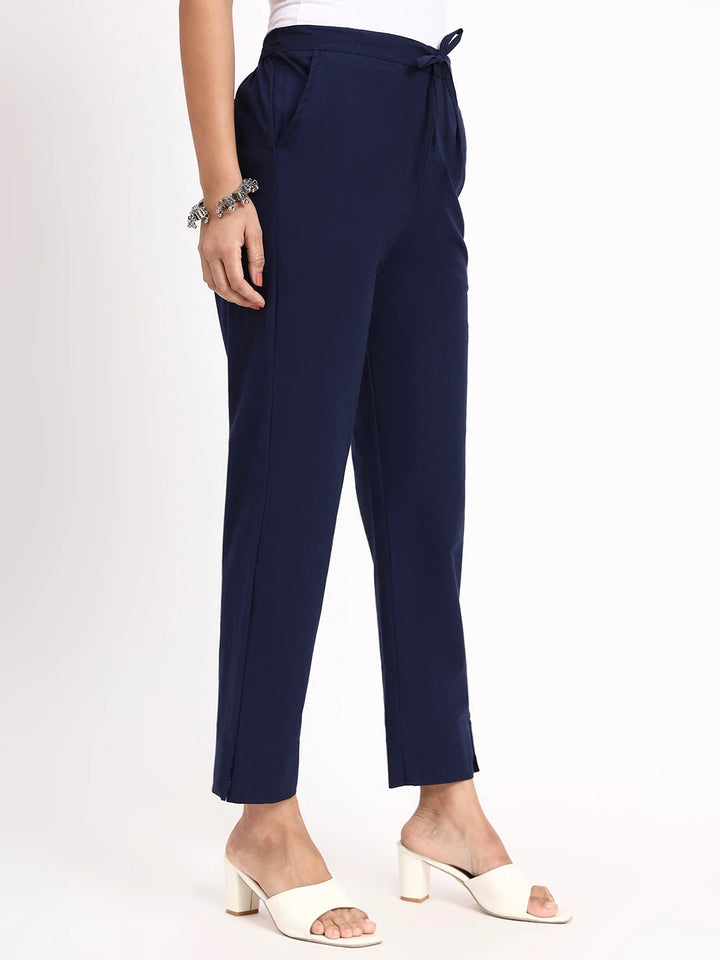 Navy Blue Mid-Rise Ankle-Length Regular Fit Poplin Pants