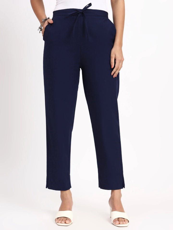 Navy Blue Mid-Rise Ankle-Length Regular Fit Poplin Pants