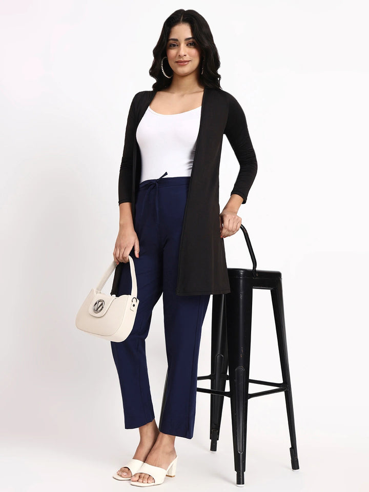 Navy Blue Mid-Rise Ankle-Length Regular Fit Poplin Pants
