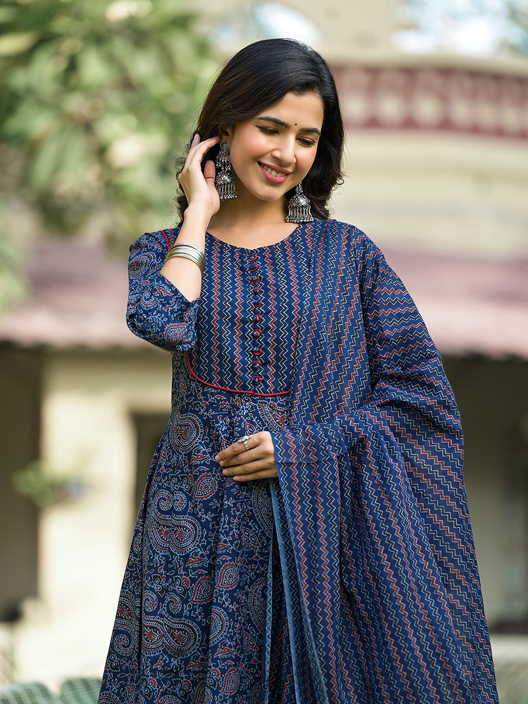 Navy Blue Paisley,Sequins_Work Kurta Trouser with Dupatta Set-Yufta Store-1763SKDNBS