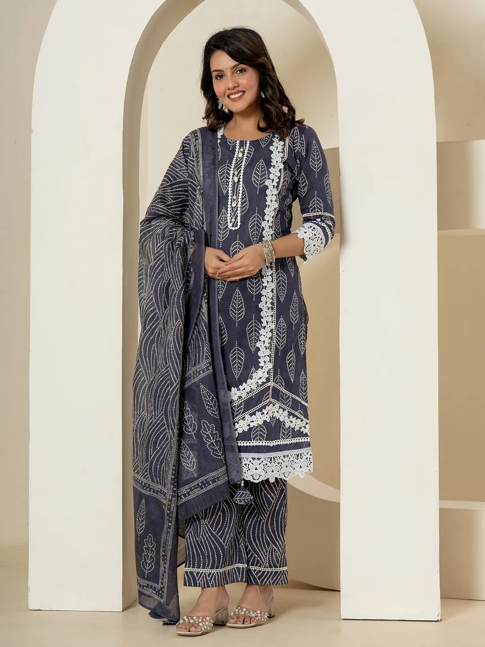 Navy Blue Patch Work Pure Cotton Straight Kurta And Dupatta Set-Yufta Store-6985SKDNBM