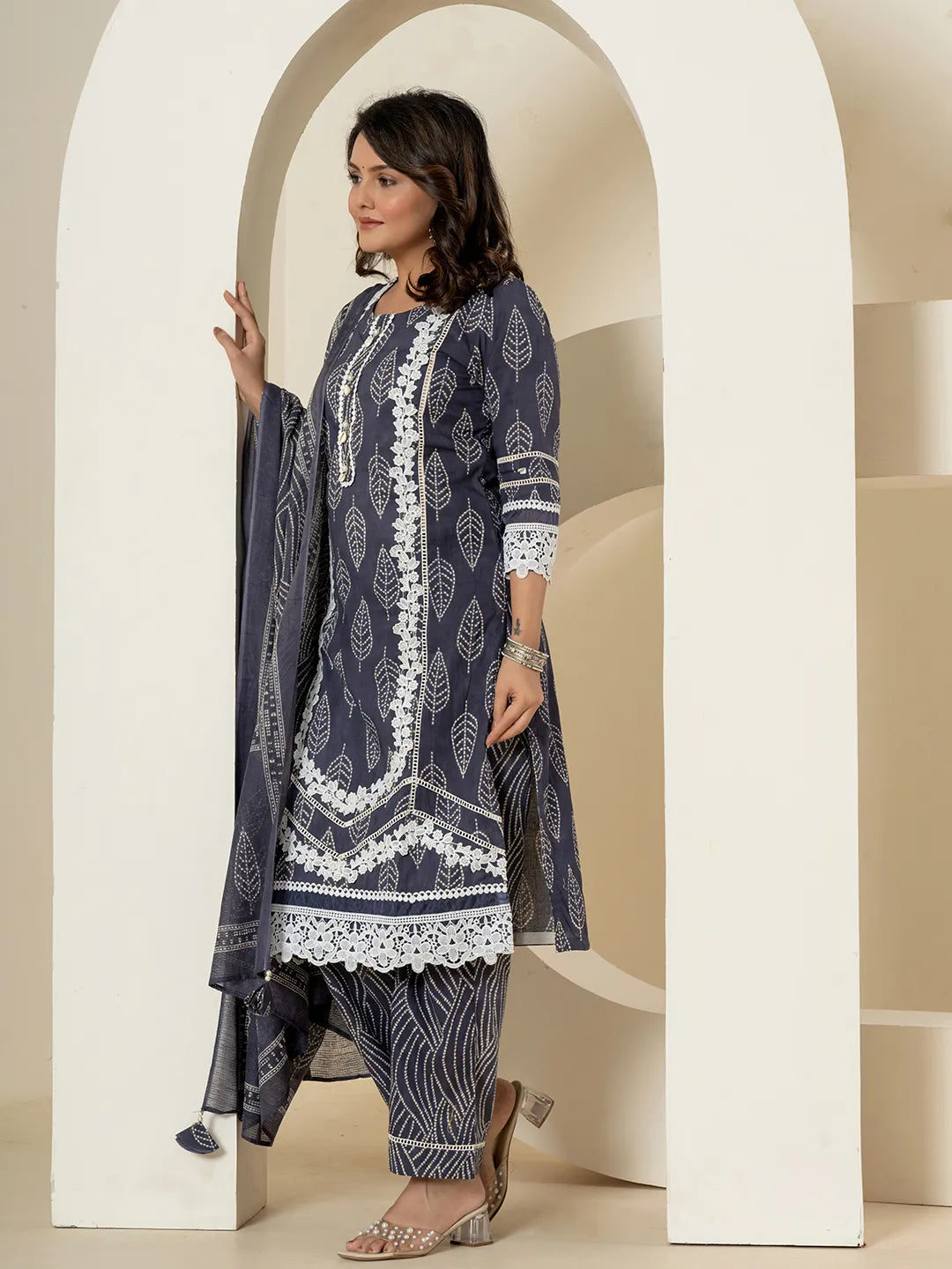 Navy Blue Patch Work Pure Cotton Straight Kurta And Dupatta Set-Yufta Store-6985SKDNBM