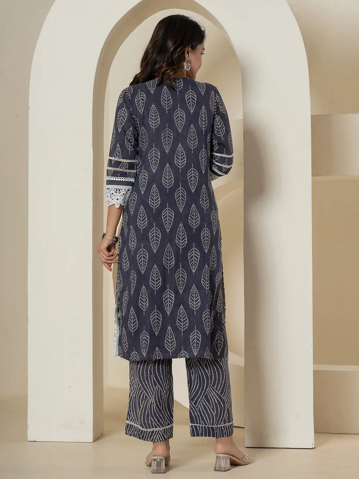 Navy Blue Patch Work Pure Cotton Straight Kurta And Dupatta Set-Yufta Store-6985SKDNBM