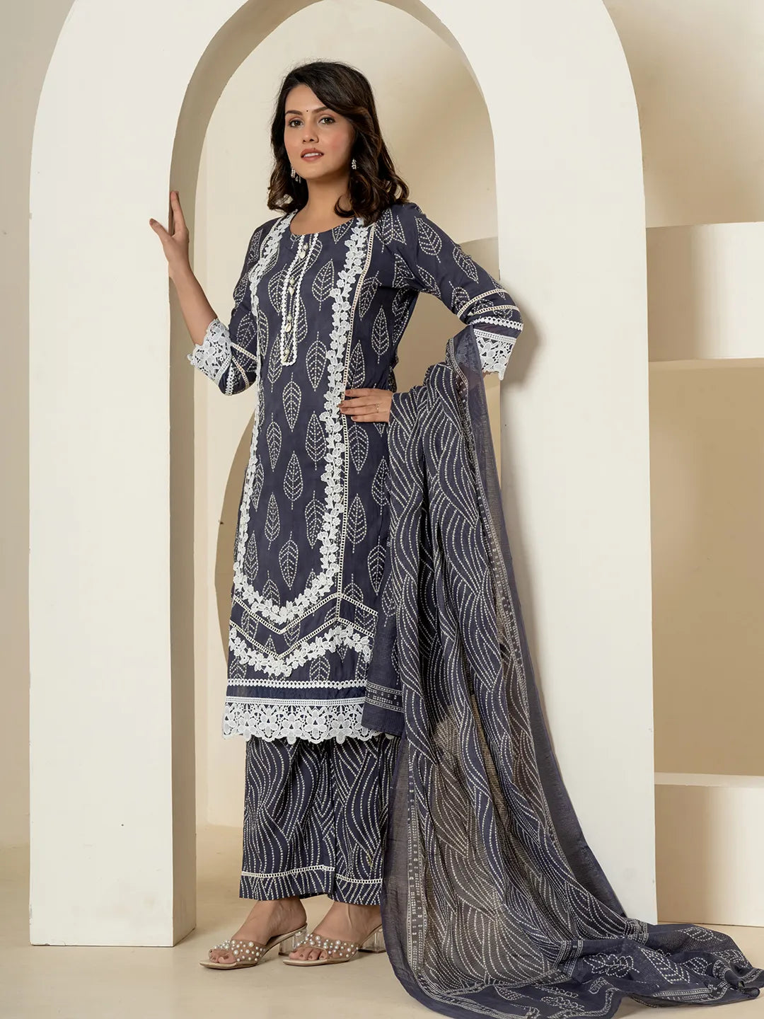 Navy Blue Patch Work Pure Cotton Straight Kurta And Dupatta Set-Yufta Store-6985SKDNBM