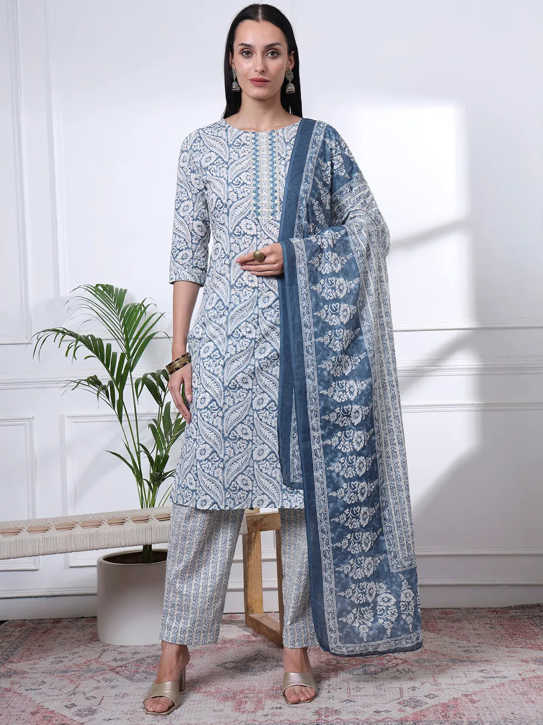 Navy Blue Pure Cotton Ethnic Motifs Straight Kurta Trouser Dupatta Set-Yufta Store-6491SKDNBM